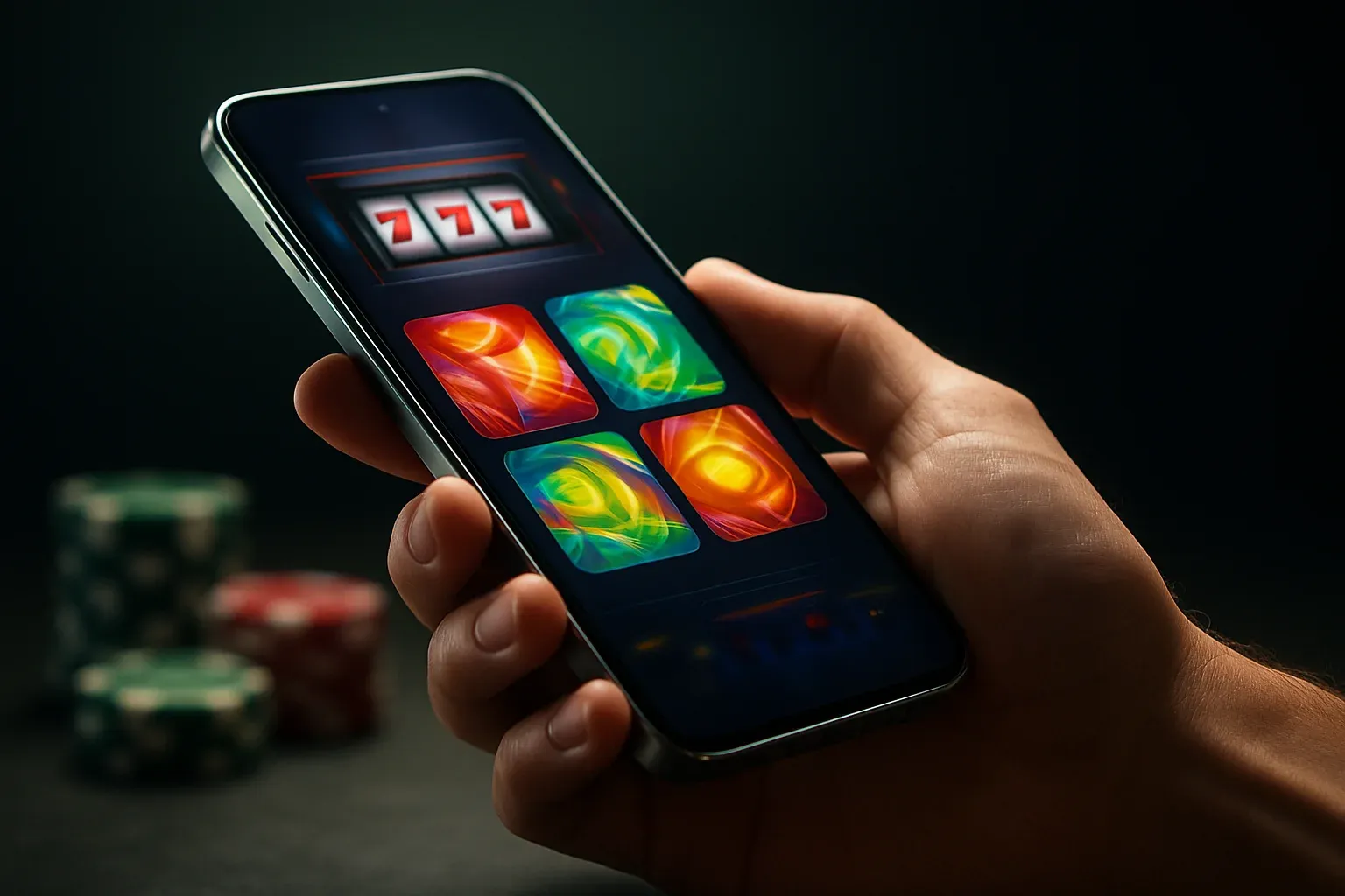Hyperrealistic Android smartphone showing premium casino app tiles, dramatic studio lighting