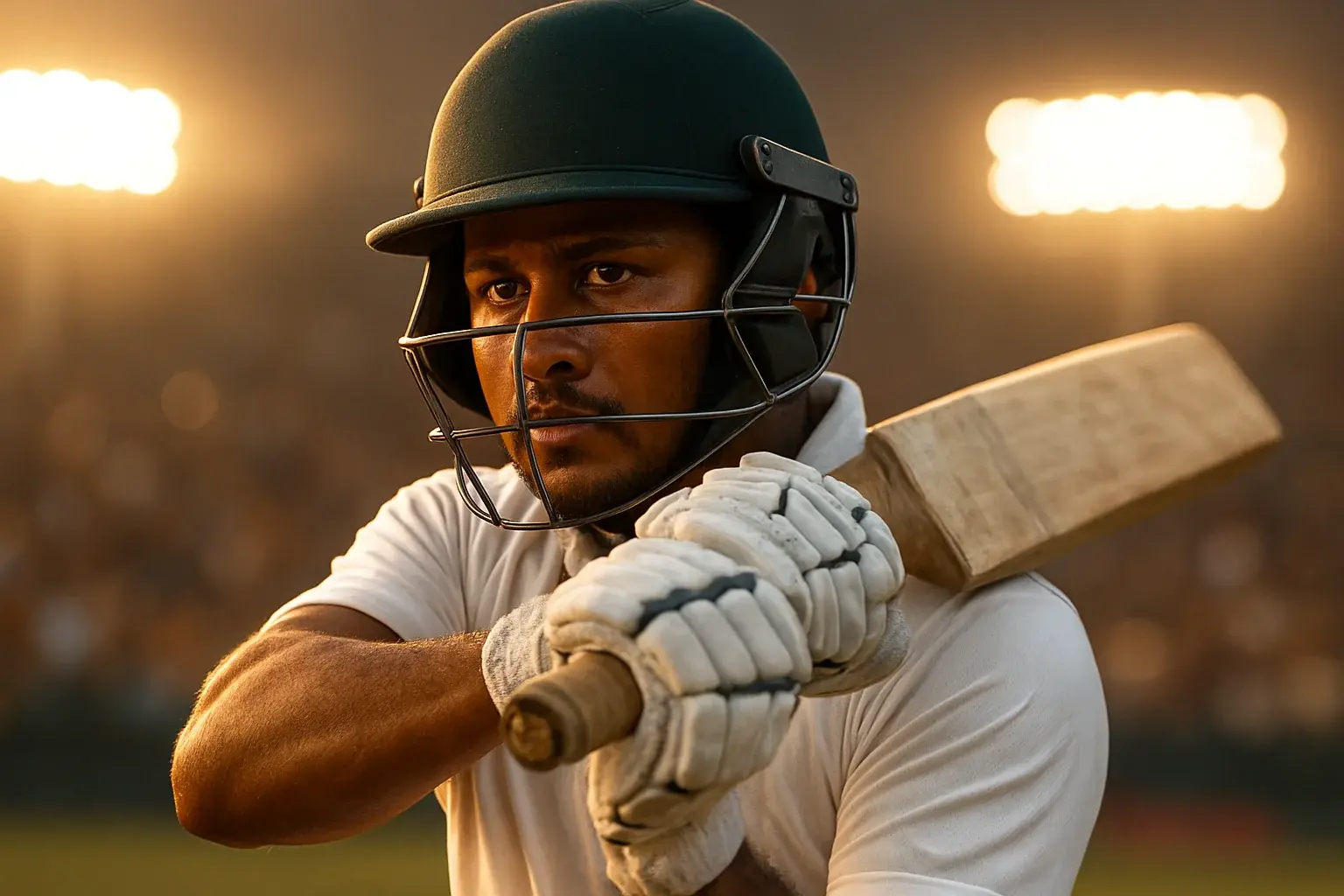Hyperrealistic close-up of Bangladeshi cricket batsman swinging under stadium floodlights