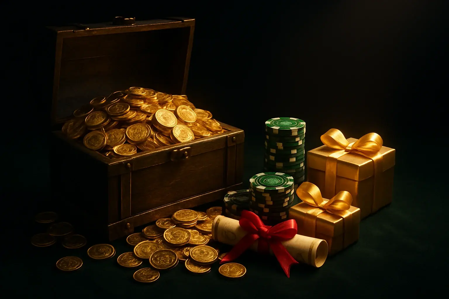 Overflowing treasure chest with gold coins, casino chips, bonus vouchers, gift boxes
