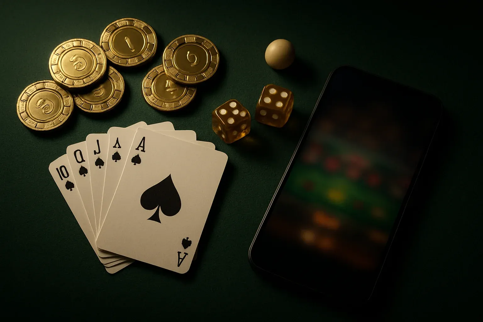 Top-down casino table with golden chips, cards, dice, roulette ball, smartphone
