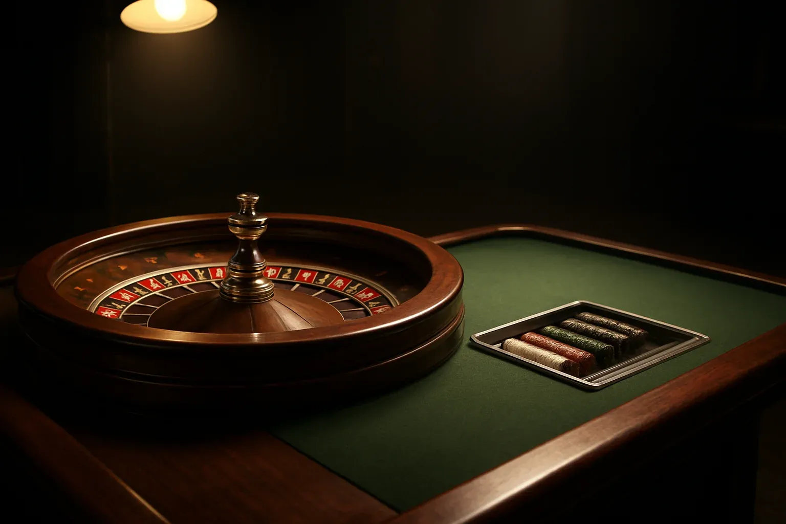 Hyperrealistic wide shot of empty roulette table in premium live casino studio