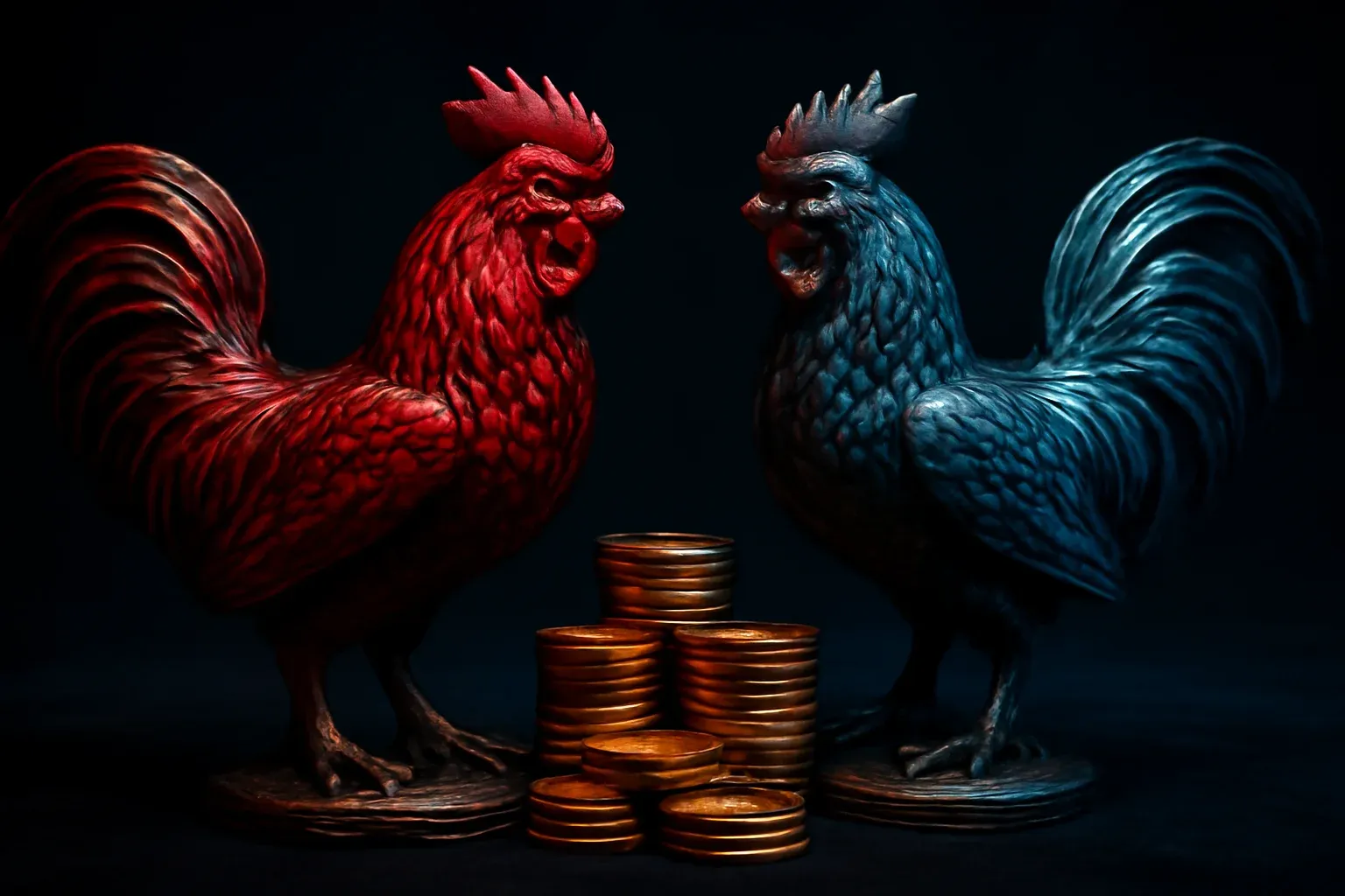 Ultra-realistic close-up of two ornate fighting-rooster statuettes with red and blue plumage facing each other on dark velvet with golden casino chips