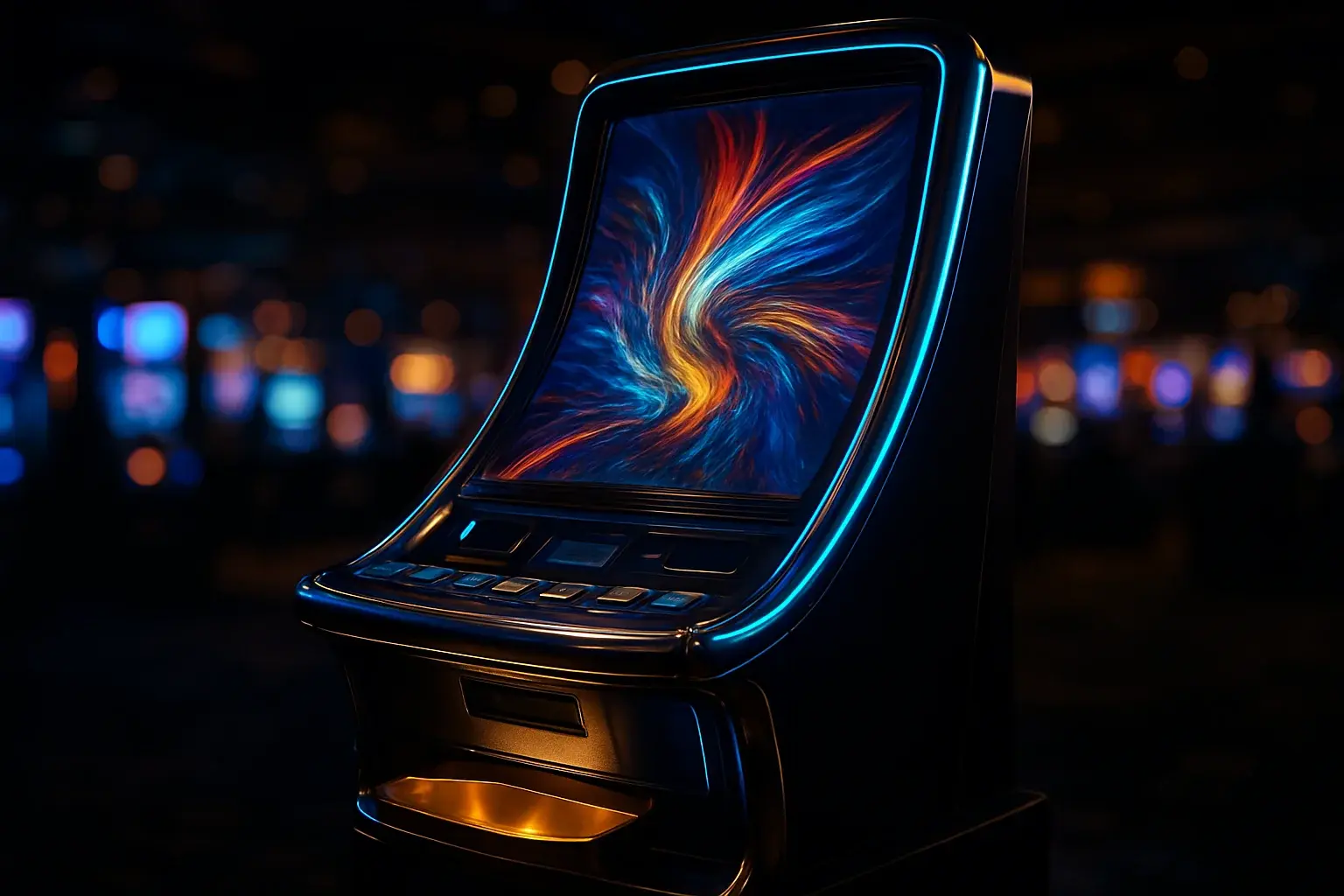 Hyperrealistic wide shot of premium slot machine in dark luxury casino
